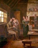 A Seated Man Holding a Chanter and Family in an Interior