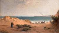 Woman Carrying Sticks by the Sea with a View of Aberdeen Harbour in the Distance