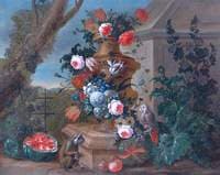 A Stone Vase of Flowers with a Parrot, a Monkey and Fruit
