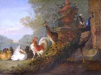 Peacock and Chickens, with a View of a House