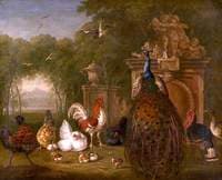 Peacock and Domestic Poultry near a Statue in a Garden