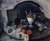 Still Life with a White Teapot, Black Bottle and Fruit