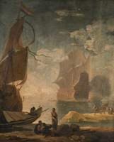 Harbour Scene with Man-of-War and Figures on a Quay