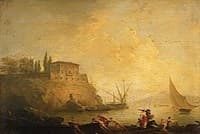 Seascape at Sunset:  Fishermen Pushing a Boat
