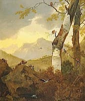 Mountainous Landscape with Goats and Birds