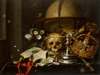 Vanitas Still Life with Flowers, Watch, Burned-out Candle, Jeweled Crown, Soap Bubbles, and Skull