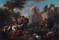 Bambociata, Pilgrims and Peasants next to the Aurelian Defensive Walls in Rome
