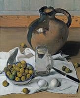 Grosse cruche, poires et oeufs