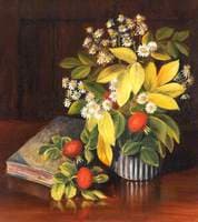 Still Life of Daisies and Rose Hips in a Vase with a Book