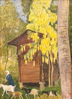 Peasant with goats in front of a farm building