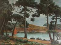 Boat on a Lake Viewed through Pines