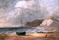 Beach and Fishing Boats, Rugged Cliffs Beyond