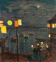 View of Lake Konstanz with Lampion-decorated Boats on a Summer Night