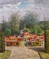 Memorial Cross in the Park with Floral Wreaths