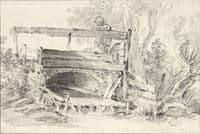 Stream with a Wooden Bridge and a Boy