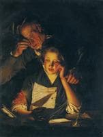 A Girl Reading a Letter with an Old Man Reading over Her Shoulder