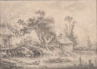 Thatched Mill Cottage and Shed with Two Trees at the Edge of a Stream