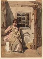 A Girl Sewing at a Cottage Door