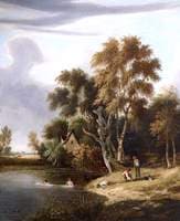 A Cottage by a Pond, with Figures Swimming and on the Bank