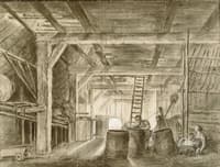 Interior of a Barn with a Family of Coopers
