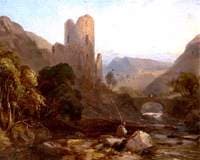 A Man Fishing in a Stream by a Ruined Castle