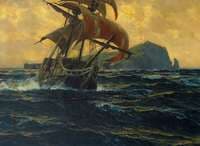 Two-masted ship with billowing sails before Helgoland