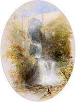 A Waterfall beneath a High Bridge