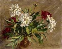 White and Burgundy Flowers in a Brown Vase