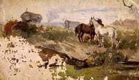 Horses in a Field with Gypsies and a Caravan