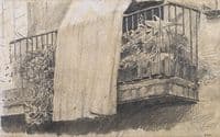 Balcony with Flowers and Curtain