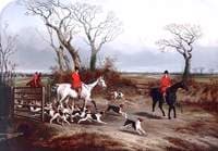 Going Out: Huntsmen with Hounds Passing through a Gate