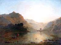 Lake and Mountain Scene with a Boy Fishing
