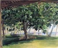 View from Hut, at Vaiala in Upolu, Bread Fruit Tree, War Drums and Canoe, Nov. 19th, 1890