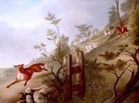 Hunting Scene: A Fox Followed by Hounds and Huntsmen in Full Cry