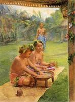 Young Girls Preparing Kava. Outside of the Hut Whose Posts Are Decorated wih Flowers; the Attendant, Standing in the Background Is There to Hand the Cocoanut Cup When Filled