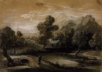 Wooded Mountain Landscape with Figures, Church, and River