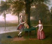 Two Children and a Dog in a Park