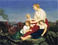 Woman and Children, with Indian Massacre in the Background