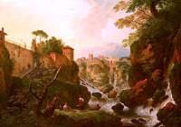 A Rocky Waterfall with City Walls