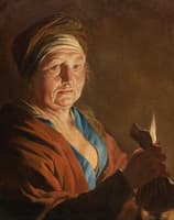 An Old Woman Holding a Purse by Candlelight