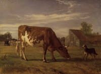 Cow in an Enclosure;  a Dog Barking at Her