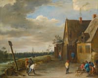 Peasants Playing Nine-pins Outside an Inn, the City of Antwerp in the Distance