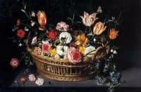 Still Life of Flowers in a Basket on a Stone Ledge