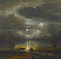 A wide river landscape by moonlight with four cows