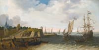 Coastal scene with a man-of-war dropping anchor off a fortified headland
