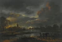 A Wide Moonlit River Landscape With Figures Fishing, A Village Beyond