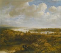 Dune Landscape with a Hunter And His Dog Walking, a Windmill, And Sailing Boats on the Water