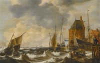 Dutch vessels and a rowing boat on choppy waters by a small harbour town