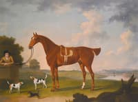 Thomas Egerton's Chestnut Hunter With A Groom And Two Hounds And A Terrier In A River Landscape