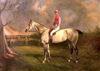 'Scot Guard', a Grey, with Jockey Up in a Landscape